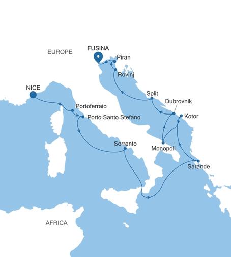 Carte de l’itinéraire Silver Shadow, Nice → Fusina (Venise)