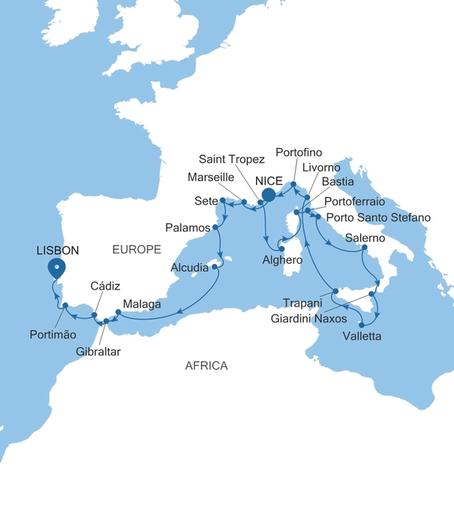 Carte de l’itinéraire Silver Shadow, Nice → Lisbonne