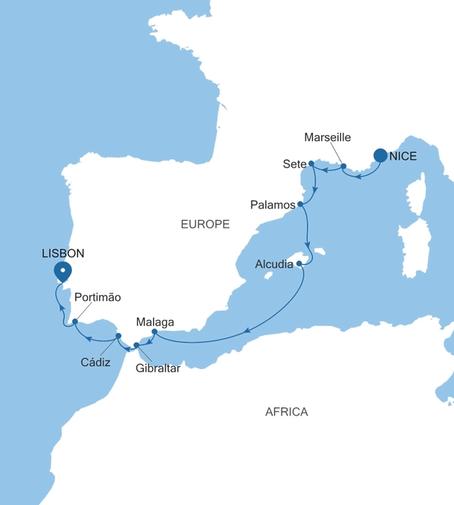 Carte de l’itinéraire Silver Shadow, Nice → Lisbonne