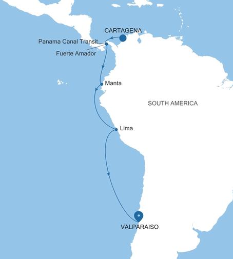 Carte de l’itinéraire Silver Shadow, Cartagena → Valparaiso