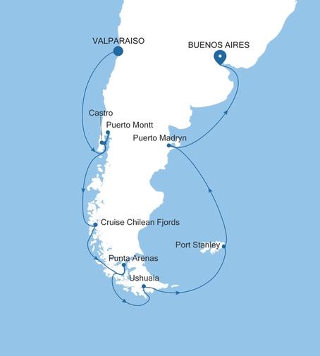 Carte de l’itinéraire Silver Shadow, Valparaiso → Buenos Aires