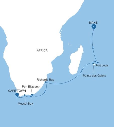Carte de l’itinéraire Silver Shadow, Le Cap → Mahe