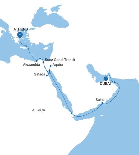 Carte de l’itinéraire Silver Shadow, Dubai → Athènes (Le Pirée)