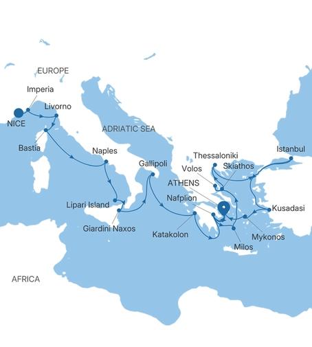Carte de l’itinéraire Silver Shadow, Nice → Athènes (Le Pirée)