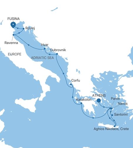 Carte de l’itinéraire Silver Shadow, Athènes (Le Pirée) → Fusina (Venise)