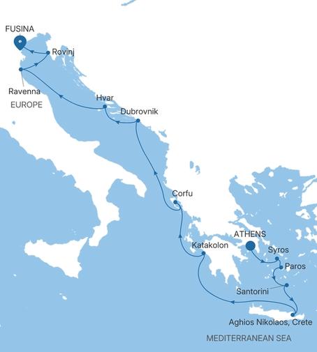 Carte de l’itinéraire Silver Shadow, Athènes (Le Pirée) → Fusina (Venise)