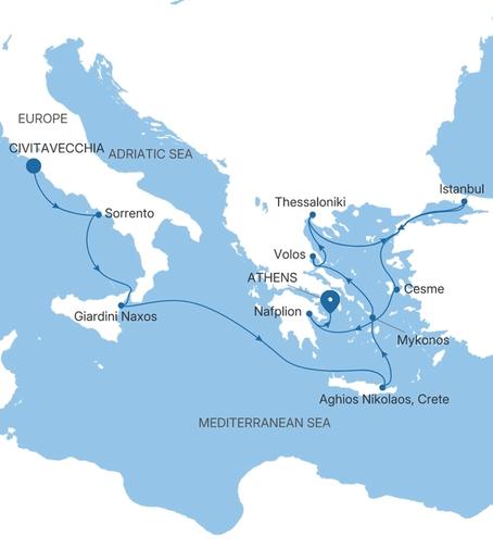 Carte de l’itinéraire Silver Shadow, Civitavecchia (Rome) → Athènes (Le Pirée)