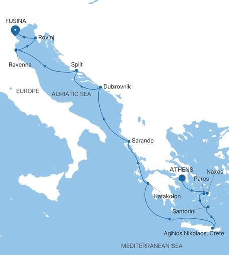 Carte de l’itinéraire Silver Shadow, Athènes (Le Pirée) → Fusina (Venise)