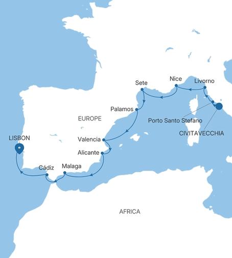 Carte de l’itinéraire Silver Shadow, Civitavecchia (Rome) → Lisbonne