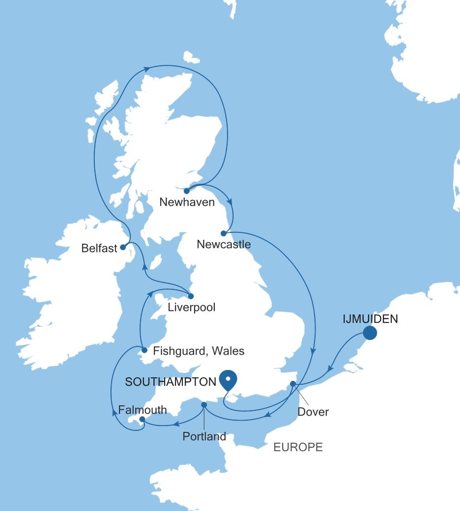 Carte de l’itinéraire Silver Spirit, Ijmuiden (Amsterdam) → Southampton