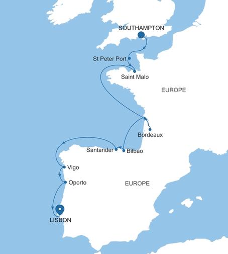 Carte de l’itinéraire Silver Spirit, Southampton → Lisbonne