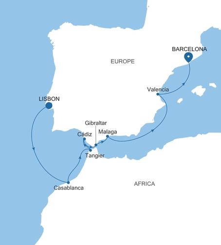 Carte de l’itinéraire Silver Spirit, Lisbonne → Barcelone