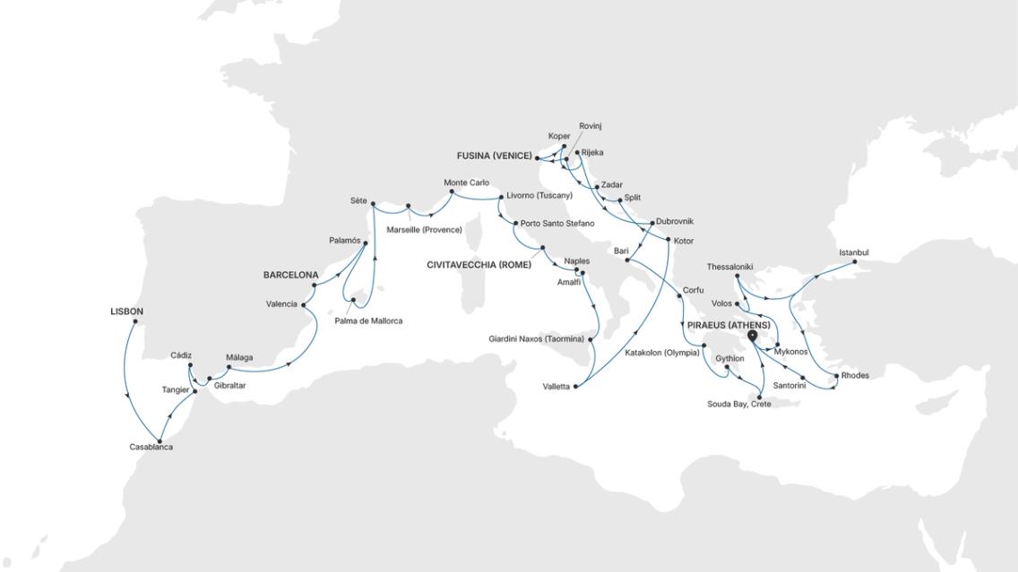 Carte de l’itinéraire Silver Spirit, Lisbonne → Athènes (Le Pirée)