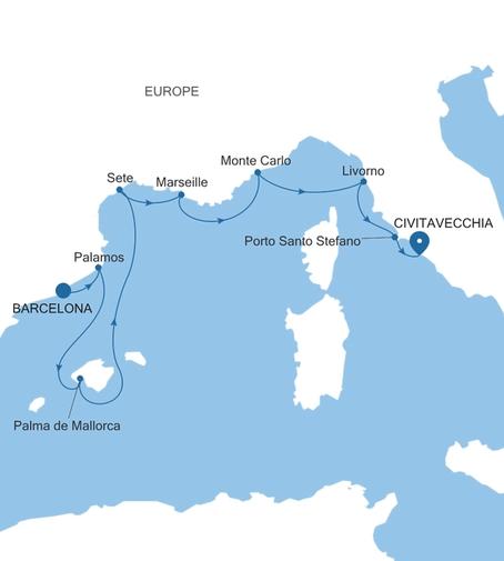 Carte de l’itinéraire Silver Spirit, Barcelone → Civitavecchia (Rome)