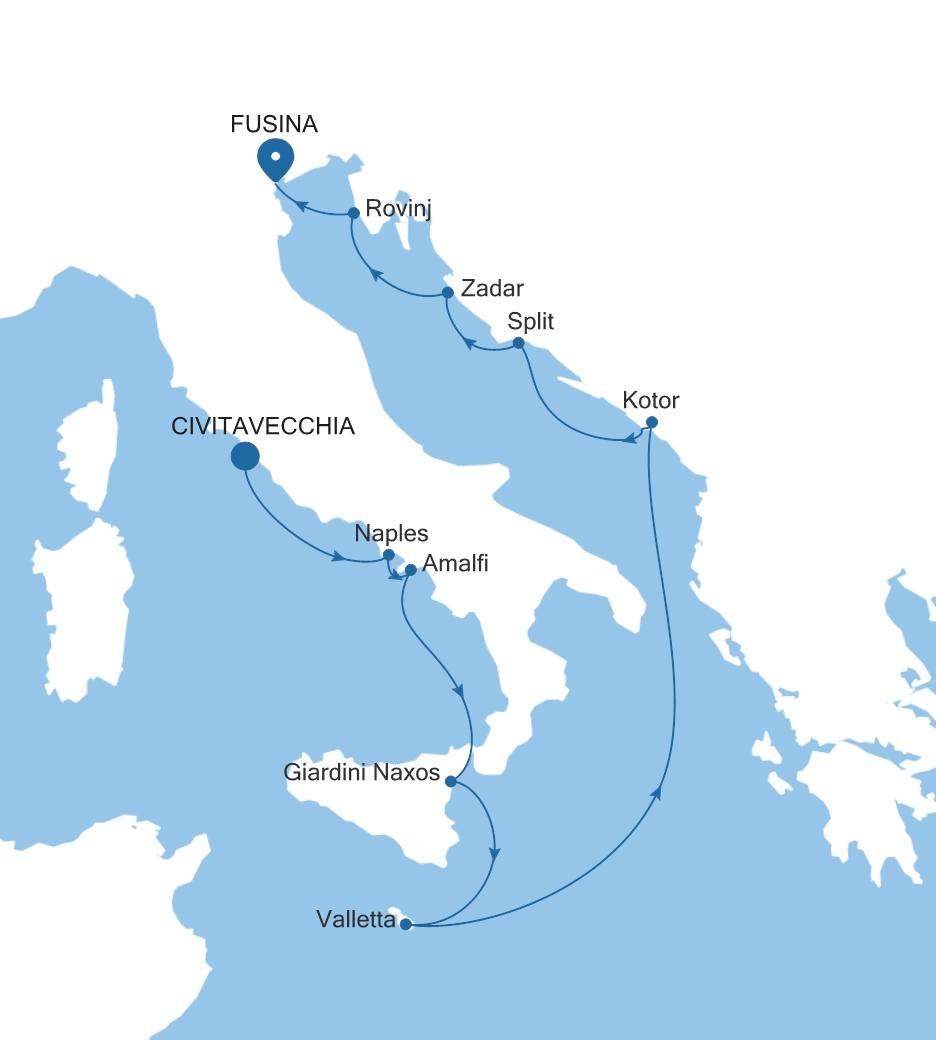 Carte de l’itinéraire Silver Spirit, Civitavecchia (Rome) → Fusina (Venise)