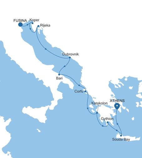 Carte de l’itinéraire Silver Spirit, Fusina (Venise) → Athènes (Le Pirée)