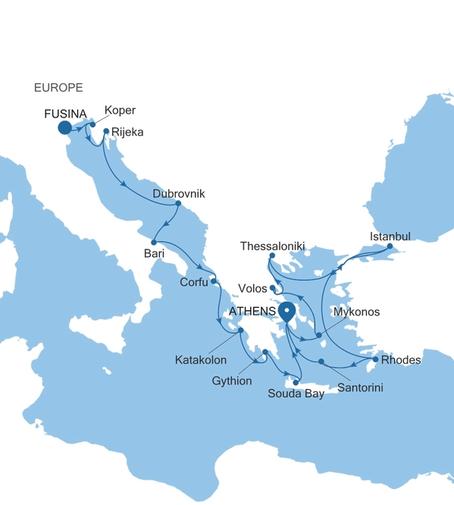 Carte de l’itinéraire Silver Spirit, Fusina (Venise) → Athènes (Le Pirée)