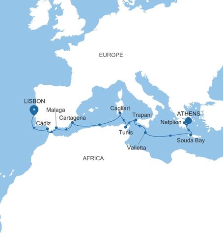 Carte de l’itinéraire Silver Spirit, Athènes (Le Pirée) → Lisbonne