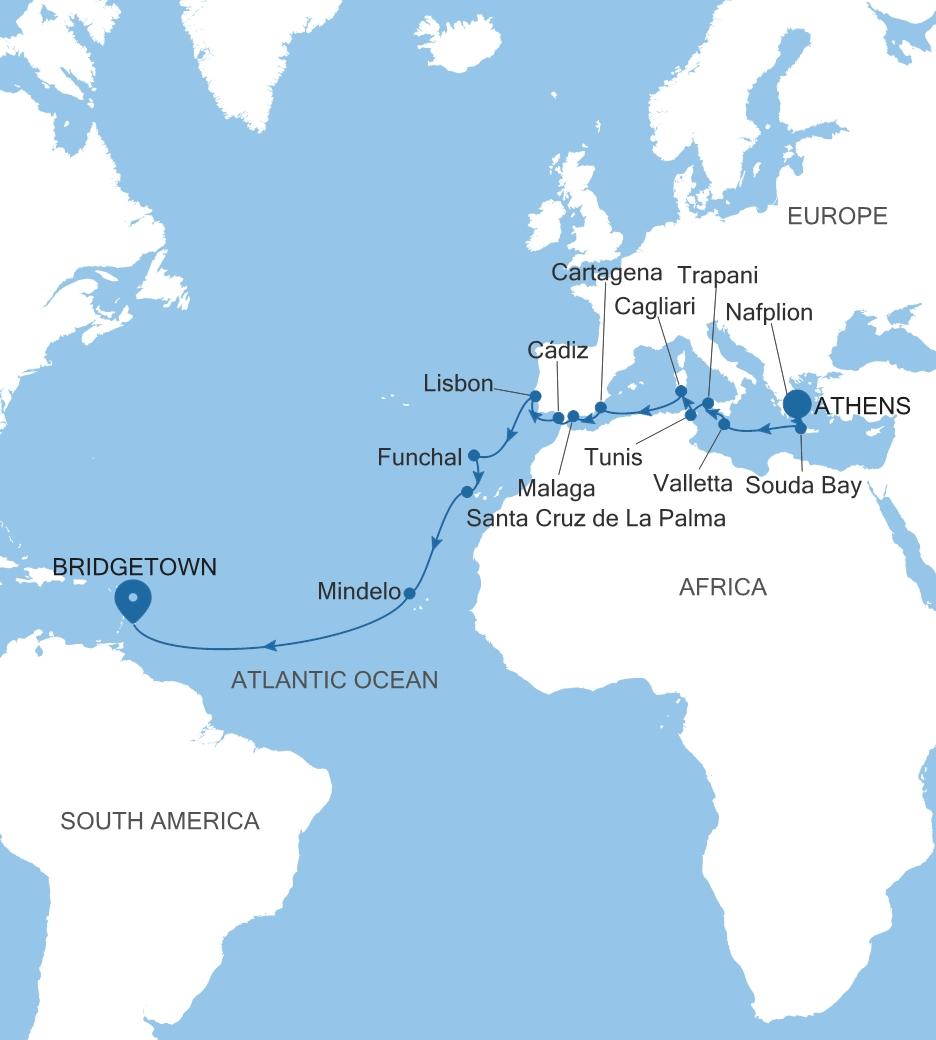 Carte de l’itinéraire Silver Spirit, Athènes (Le Pirée) → Bridgetown