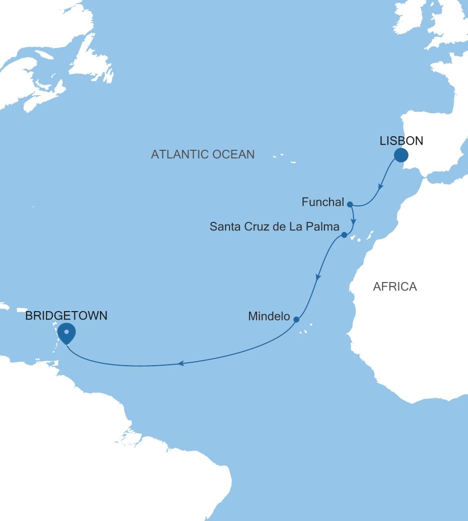 Carte de l’itinéraire Silver Spirit, Lisbonne → Bridgetown