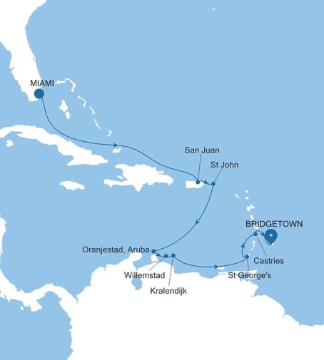 Carte de l’itinéraire Silver Spirit, Miami, FL → Bridgetown