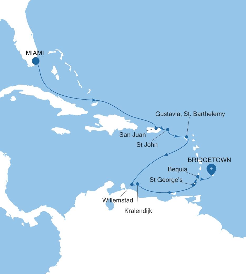 Carte de l’itinéraire Silver Spirit, Miami, FL → Bridgetown