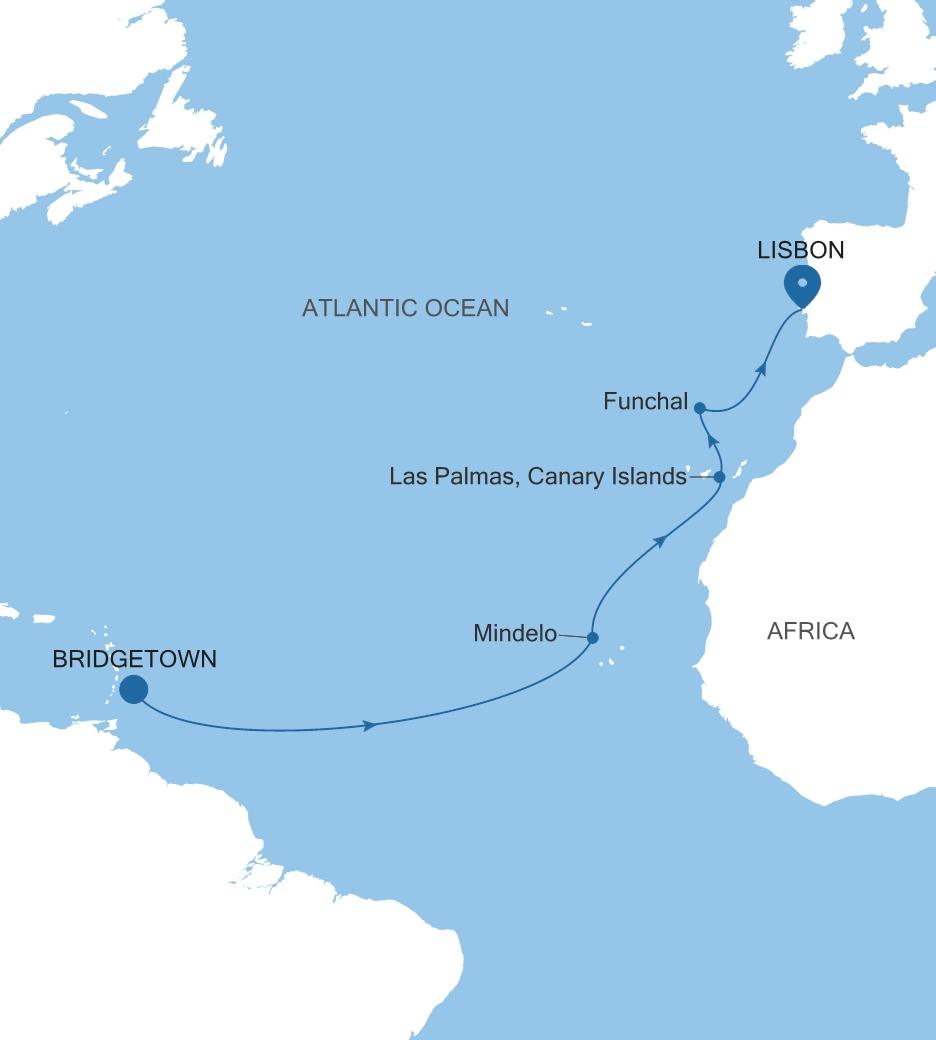 Carte de l’itinéraire Silver Spirit, Bridgetown → Lisbonne
