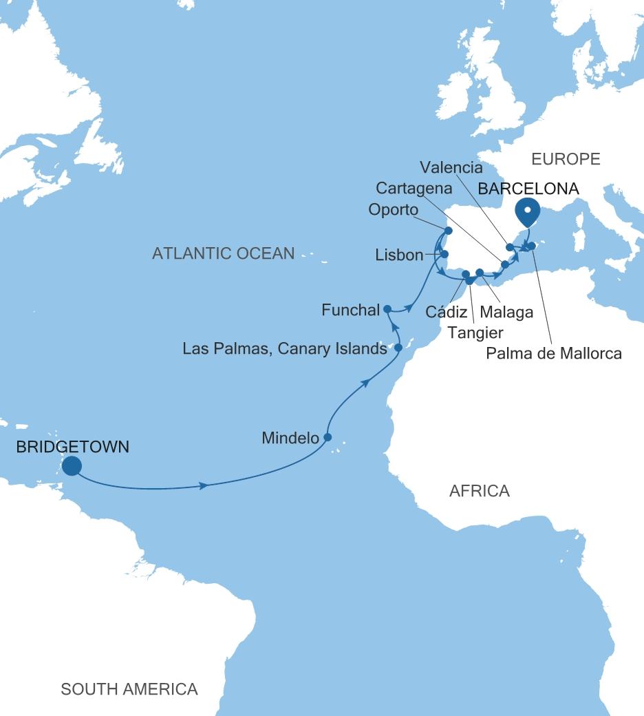 Carte de l’itinéraire Silver Spirit, Bridgetown → Barcelone