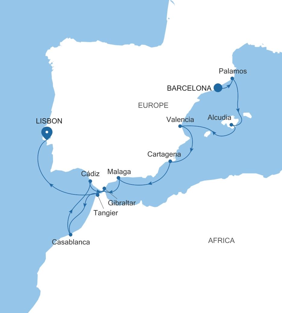 Carte de l’itinéraire Silver Spirit, Barcelone → Lisbonne