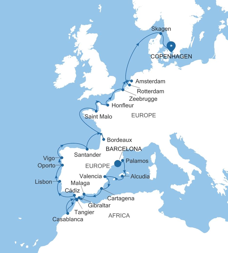 Carte de l’itinéraire Silver Spirit, Barcelone → Copenhague