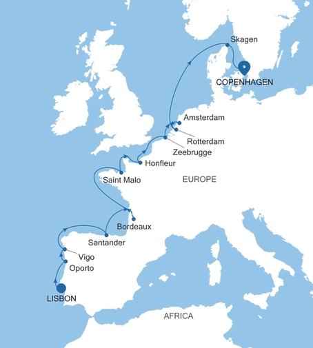 Carte de l’itinéraire Silver Spirit, Lisbonne → Copenhague