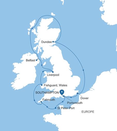 Carte de l’itinéraire Silver Spirit, Southampton → Southampton