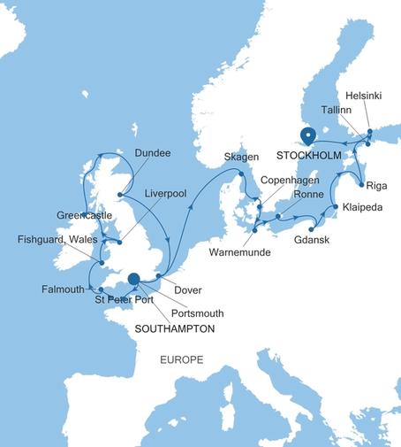 Carte de l’itinéraire Silver Spirit, Southampton → Stockholm