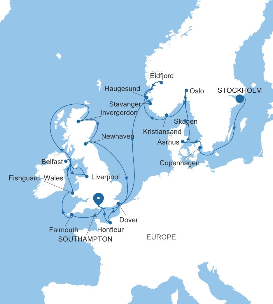 Carte de l’itinéraire Silver Spirit, Stockholm → Southampton
