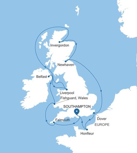 Carte de l’itinéraire Silver Spirit, Southampton → Southampton