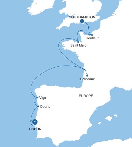 Carte de l’itinéraire Silver Spirit, Southampton → Lisbonne