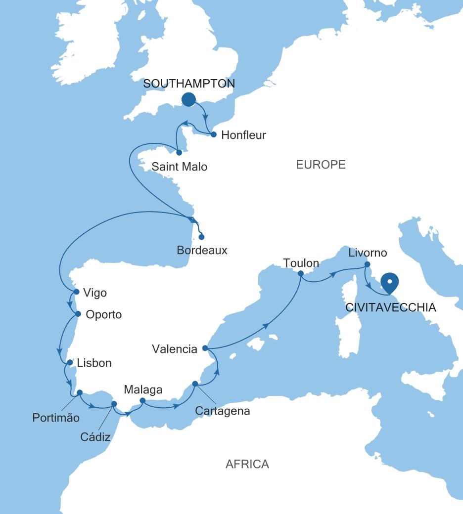 Carte de l’itinéraire Silver Spirit, Southampton → Civitavecchia (Rome)