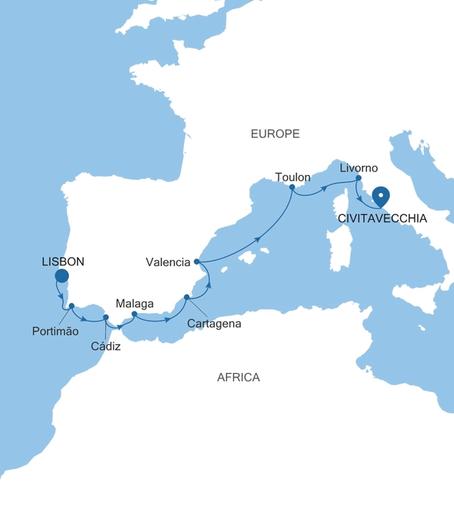 Carte de l’itinéraire Silver Spirit, Lisbonne → Civitavecchia (Rome)