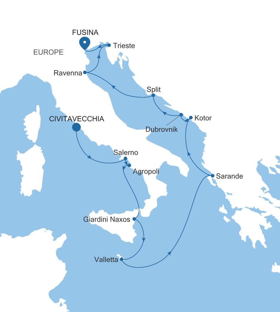 Carte de l’itinéraire Silver Spirit, Civitavecchia (Rome) → Fusina (Venise)