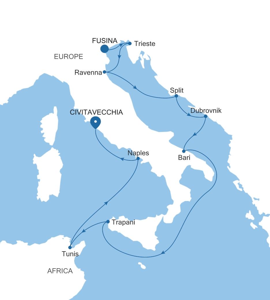Carte de l’itinéraire Silver Spirit, Fusina (Venise) → Civitavecchia (Rome)