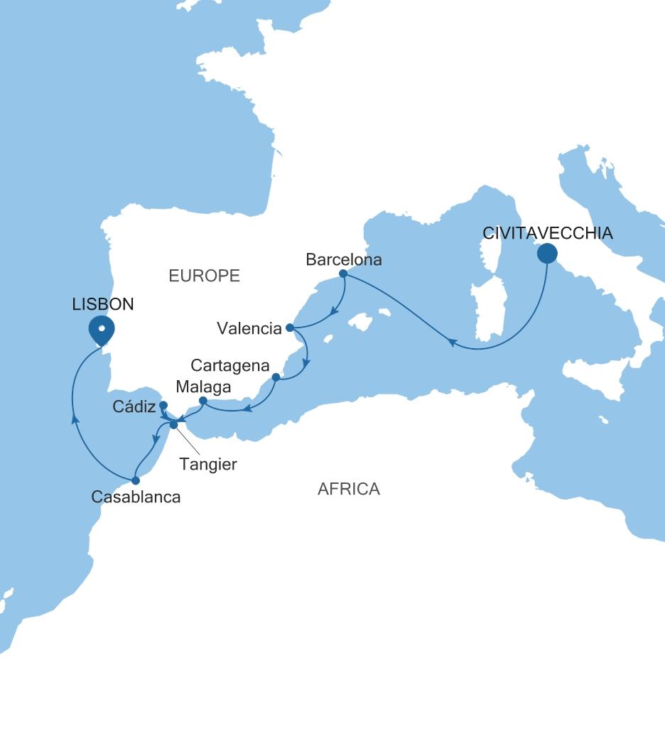 Carte de l’itinéraire Silver Spirit, Civitavecchia (Rome) → Lisbonne