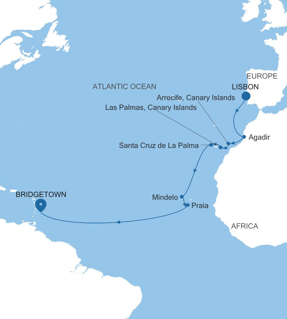 Carte de l’itinéraire Silver Spirit, Lisbonne → Bridgetown