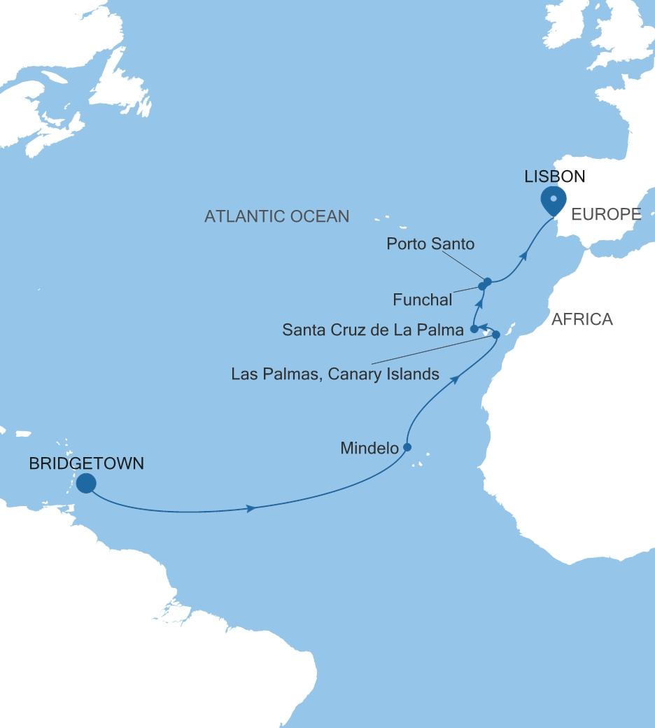 Carte de l’itinéraire Silver Spirit, Bridgetown → Lisbonne