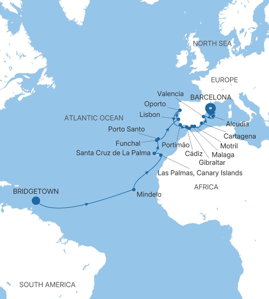 Carte de l’itinéraire Silver Spirit, Bridgetown → Barcelone