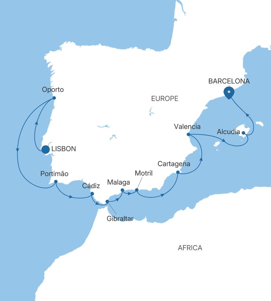 Carte de l’itinéraire Silver Spirit, Lisbonne → Barcelone