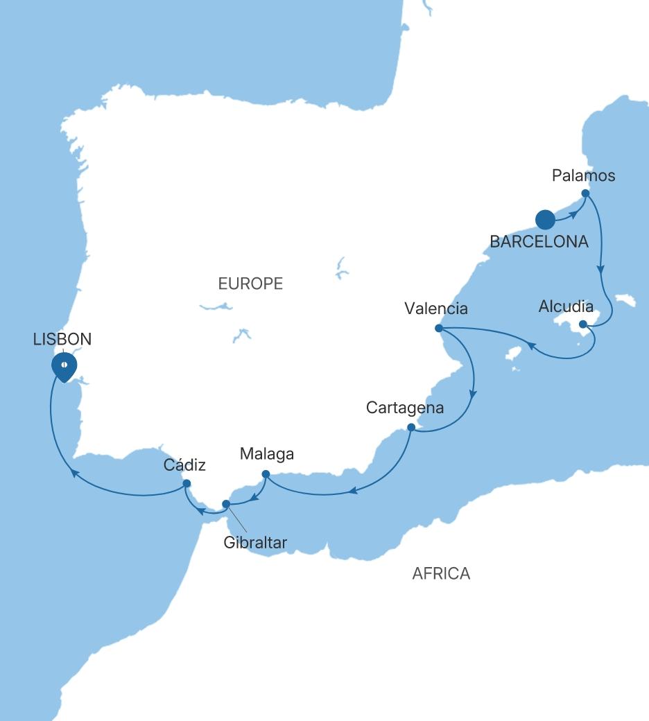 Carte de l’itinéraire Silver Spirit, Barcelone → Lisbonne