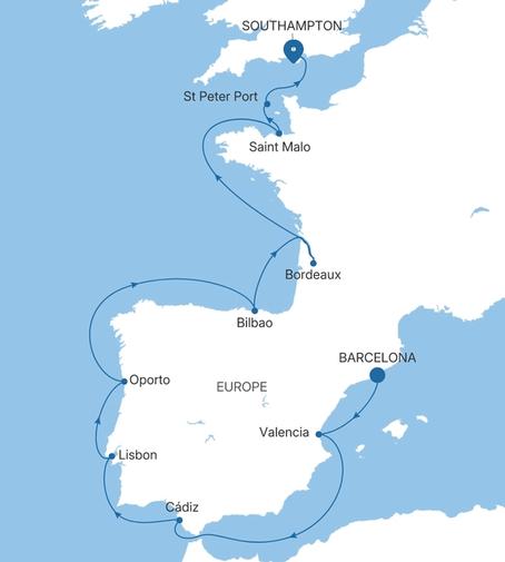Carte de l’itinéraire Silver Spirit, Barcelone → Southampton