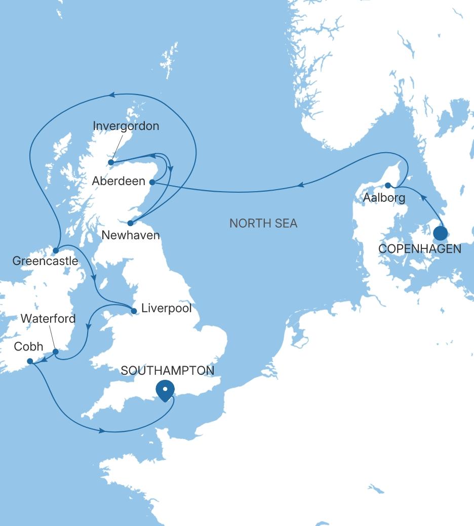 Carte de l’itinéraire Silver Spirit, Copenhague → Southampton