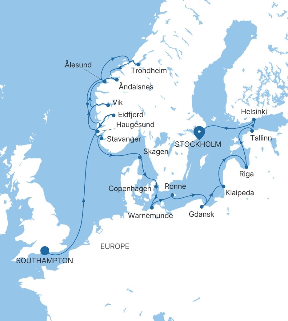 Carte de l’itinéraire Silver Spirit, Southampton → Stockholm