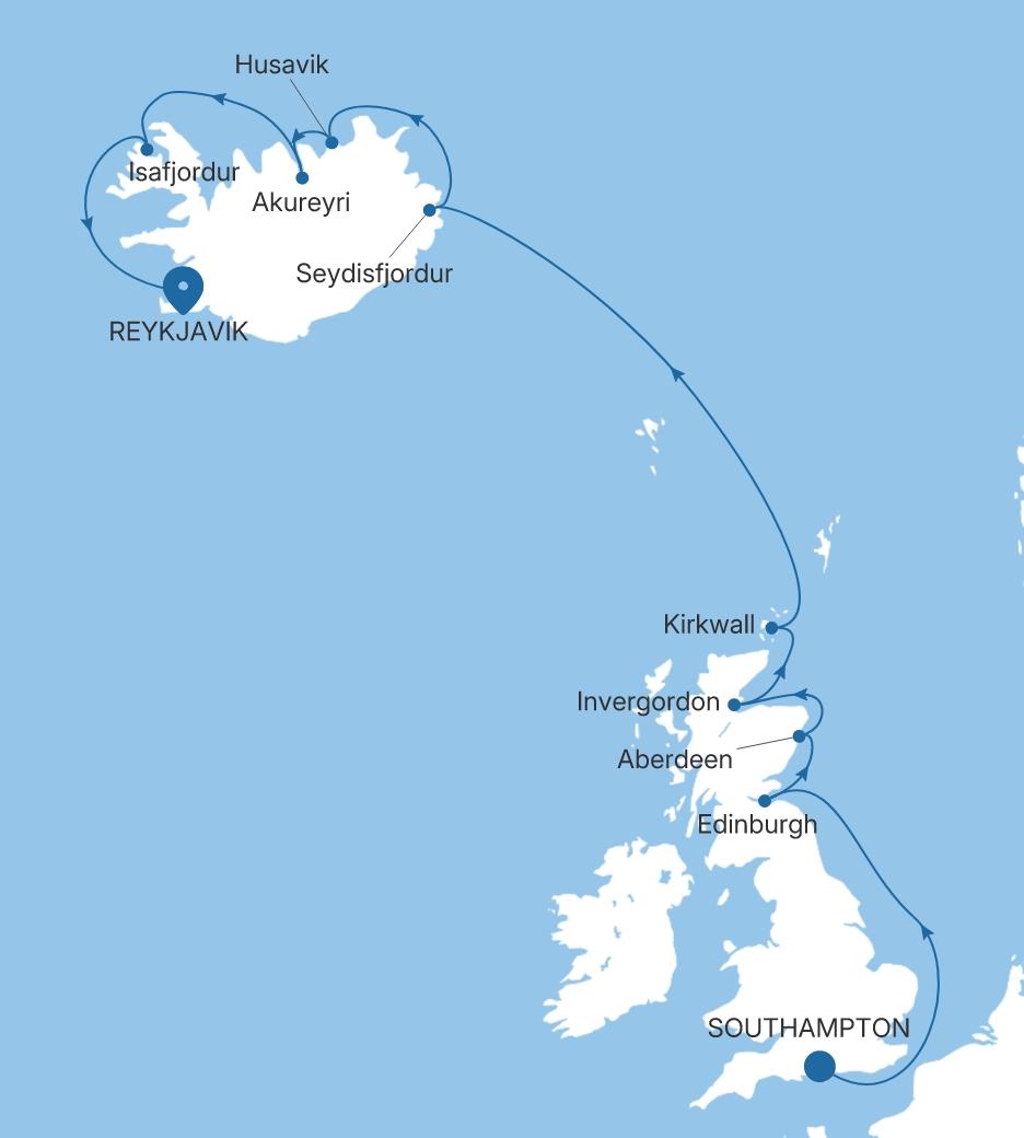 Carte de l’itinéraire Silver Spirit, Southampton → Reykjavík